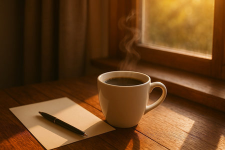 A steaming cup of coffee placed on a wooden table beside a window during a beautiful morning. Soft sunlight shines through the window, creating a cozy and peaceful atmosphereの素材