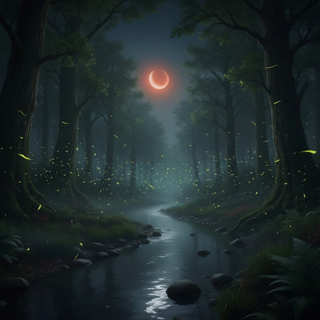 A serene and enchanting night scene featuring a quiet forest illuminated by countless glowing fireflies. A gentle stream flows under the dim red crescent moon, surrounded by tallの素材
