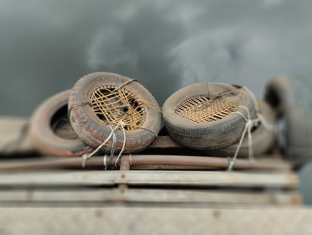 A close-up shot of worn-out car tires repurposed as protective fenders, secured with rope and netting on a wooden or metal dock/pier. These recycled tires serve to cushion andの写真素材