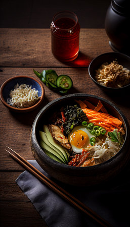Bibimbap, japanese food on wooden background.の素材
