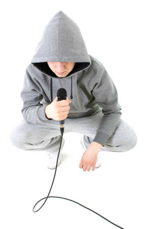 Rapper with dynamic microphone in sportswearの写真素材