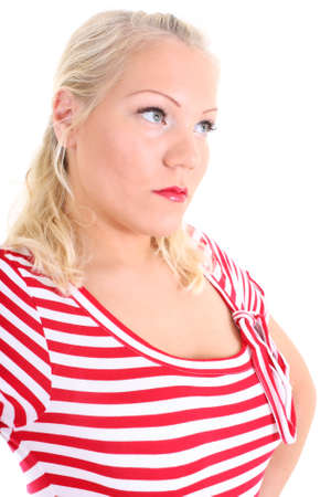 Portrait of blonde in striped dress over whiteの写真素材