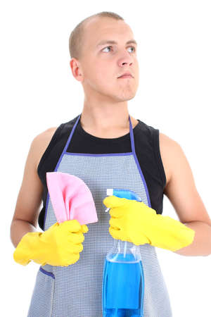 young man posing with spray and dusherの写真素材