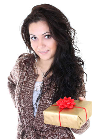 young attractive woman with present over whiteの写真素材