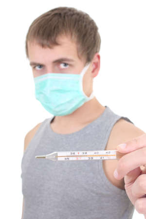 young man in protective mask with thermometer over white backgroundの写真素材