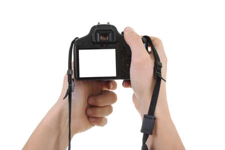 digital  camera in male hands. copyspaceの写真素材