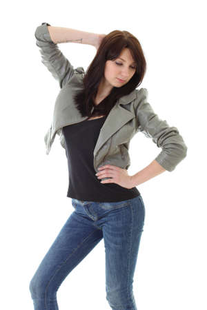 trendy woman posing over whiteの写真素材