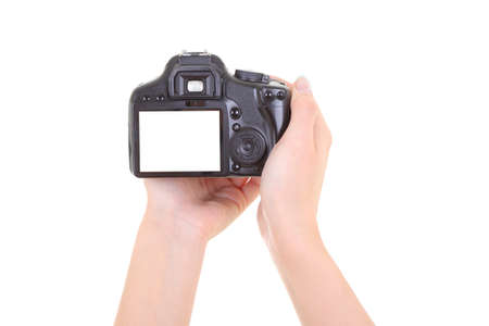 dslr camera in male hands over white. copyspaceの写真素材