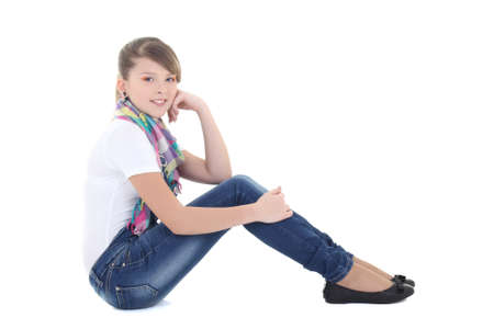 attractive teenage girl dreaming over white backgroundの写真素材