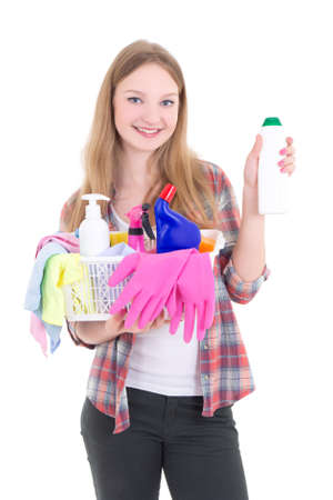 young attractive blond with cleaning equipment isolated on white backgroundの写真素材