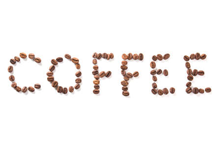 word coffee, roasted beans isolated on white backgroundの写真素材