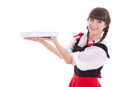 Young and beautiful bavarian girl with tray isolated over white backgroundの写真素材