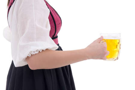 Close-up hand with light beer over whiteの写真素材