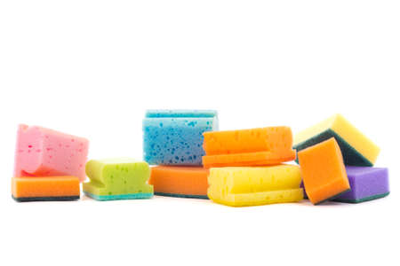 colorful cleaning sponges isolated on white backgroundの写真素材