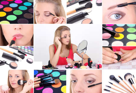 Collage of a young attractive woman applying make upの写真素材