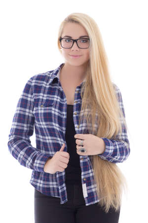 teenage girl in eyeglasses with long hair isolated on white backgroundの写真素材