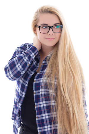 teenage girl in eyeglasses with beautiful long hair isolated on white backgroundの写真素材