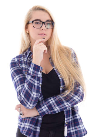 dreaming girl in eyeglasses with beautiful long hair  isolated on white backgroundの写真素材