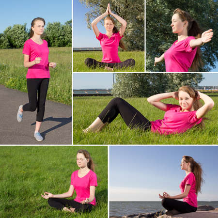 collage of young sporty woman working out in a parkの写真素材