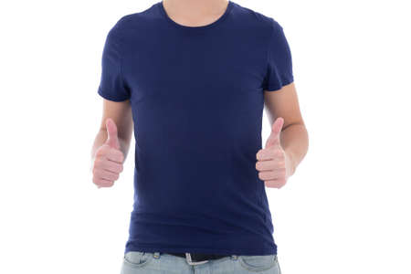 young man in blue t-shirt thumbs up isolated on white background