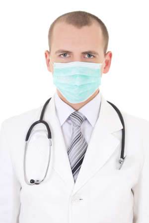 portrait of young doctor in mask isolated on white backgroundの写真素材
