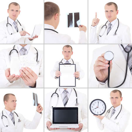 collage of young handsome doctor isolated on white backgroundの写真素材