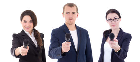 news reporters or journalists interviewing a person holding up the microphones isolated on white...
