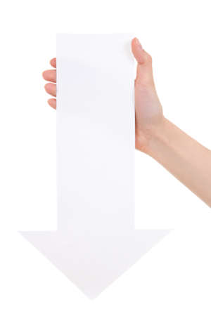 woman hand with arrow down isolated on white backgroundの写真素材