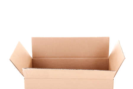 opened brown carton box isolated on white backgroundの写真素材
