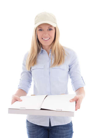 delivery service woman holding pizza box isolated on white backgroundの写真素材