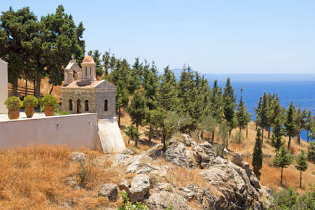 little church with beautiful sea view on Crete island, Greeceの写真素材