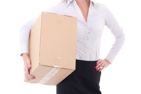 cardboard moving box in female hands isolated on white background