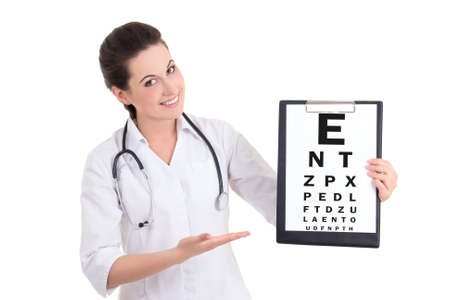 young female doctor ophthalmologist and eye test chart isolated on white background