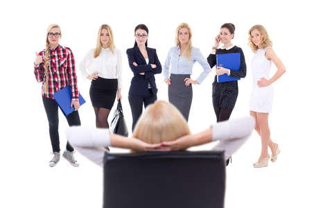 business woman choosing new workers isolated on white backgroundの写真素材