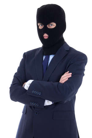 corruption concept - man in business suit and black mask isolated on white backgroundの写真素材