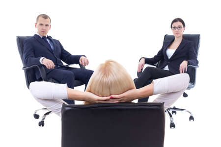 conference or meeting in office -three young business persons sitting on office chairs isolated on white backgroundの写真素材