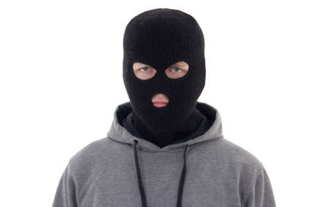 criminal man in black mask isolated on white backgroundの写真素材