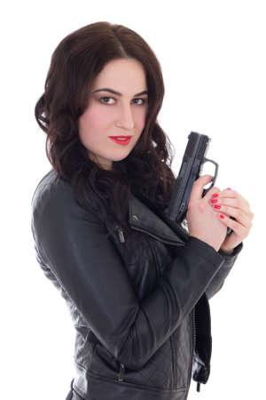 beautiful woman in leather jacket with gun isolated on white background