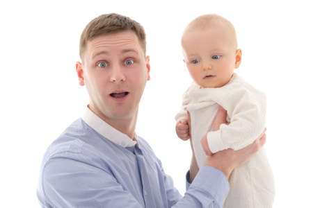 funny father and little son isolated on white backgroundの写真素材