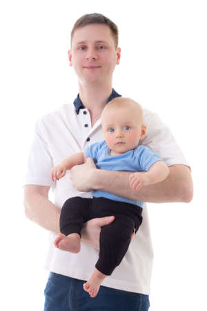 happy father holding his little baby son isolated on white backgroundの写真素材
