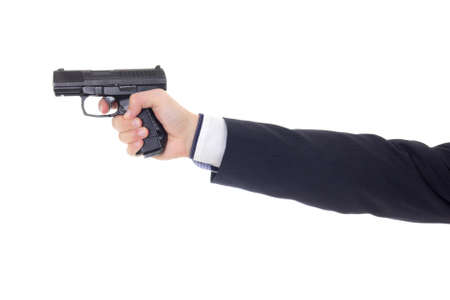 male hand in business suit with gun isolated on white backgroundの写真素材