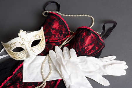sexy female lingerie, mask and gloves on grey background