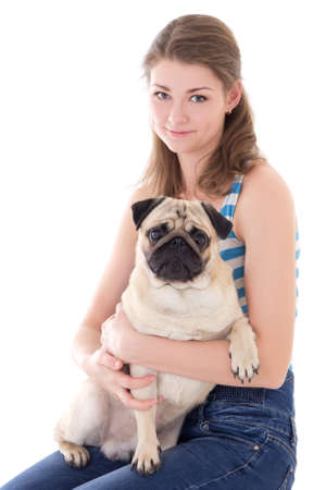 young woman with pug dog isolated on white backgroundの写真素材