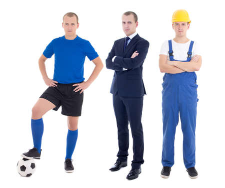 young handsome man in different professions - business man, soccer player and builder isolated on white backgroundの写真素材