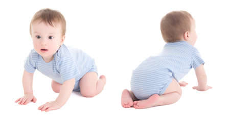 front and back view of baby boy toddler isolated on white backgroundの写真素材
