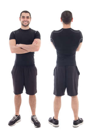 front and back view of handsome bearded arabic sportsman isolated on white backgroundの写真素材