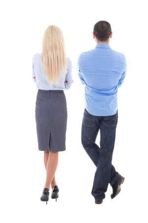 back view of young business woman and man isolated on white backgroundの写真素材
