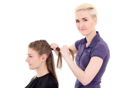 female hair stylist and client isolated on white background