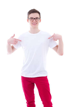 young man in blank t-shirt pointing at himself isolated on white backgroundの写真素材
