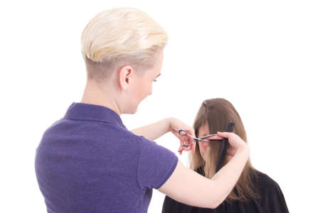 female hairdresser doing haircut to client isolated on white backgroundの写真素材